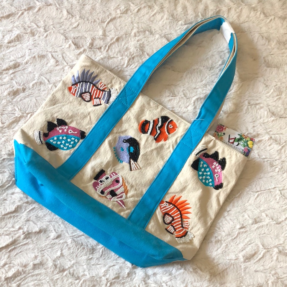 Canvas Fish Embroidered Beaded Tote Bag in Turquoise